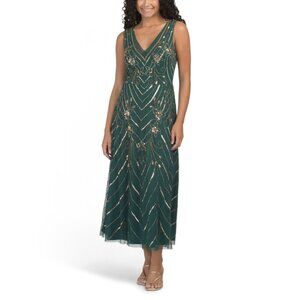 ADRIANNA PAPELL Green/gold Sleeveless Beaded Tea-length Gown